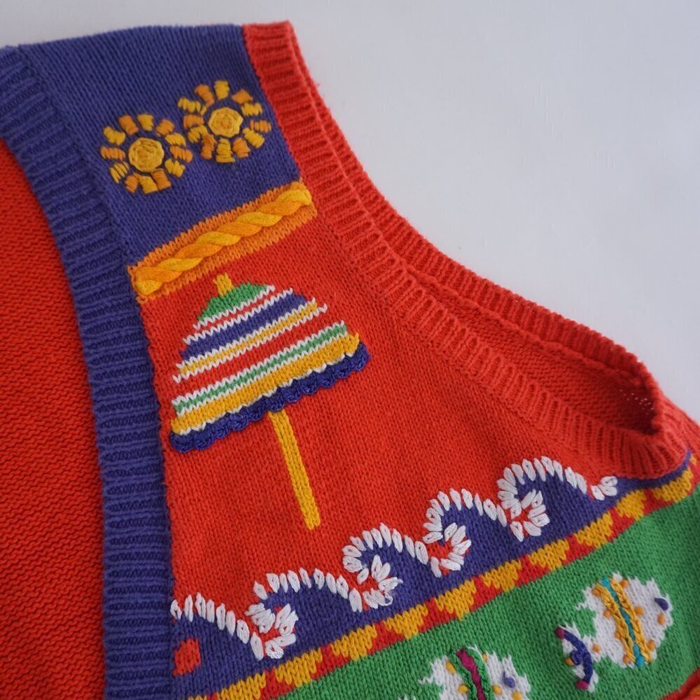 Vintage Star Blue Red Knit Beach Fish Sea Ocean Button Cardigan Sweater Vest L - Picture 10 of 12